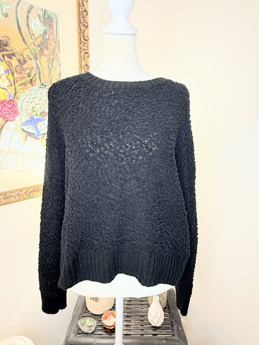 Jolie & Joy Popcorn Sweater Womens M Black Cozy Chunky Knit Oversized Button